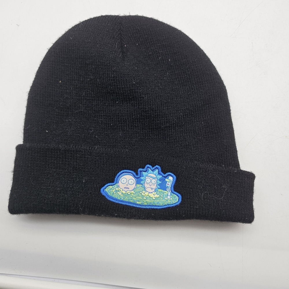 Rick And Morty Hat Beanie Black Knit Portal Cartoon Patch Cuffed One Size Mens